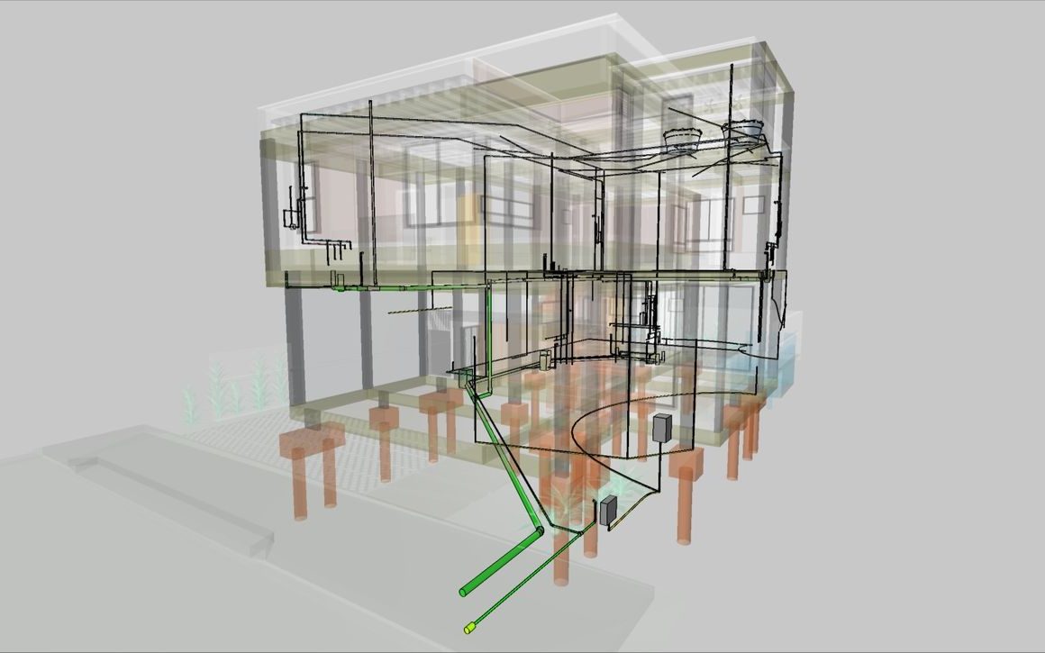 Projetos complementares sobrepostos ao modelo arquitetônico de um sobrado